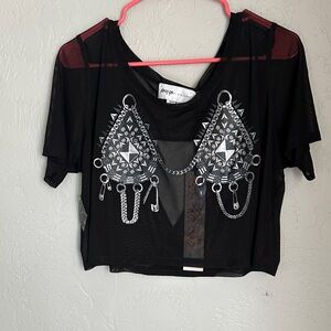 Nasty Gal Black Mesh Crop Top with Silver Graphic NWT